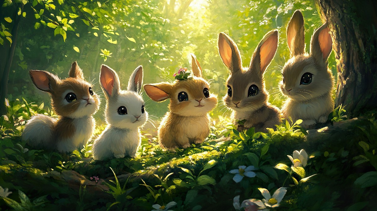 Cute anime animal characters in a sunlit forest setting.