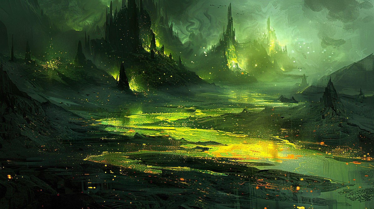 Alien oasis with glowing plants