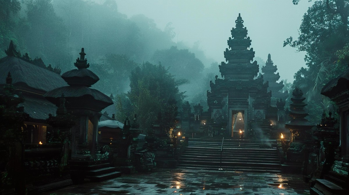 Ancient temple in misty jungle