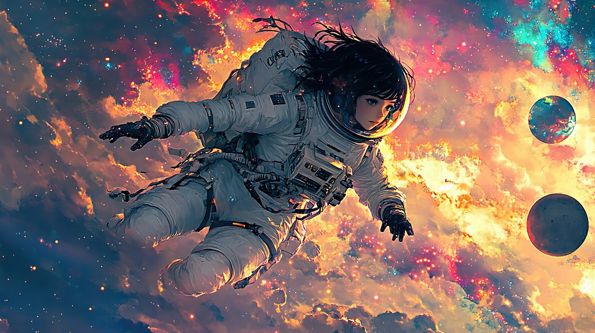 Anime girl in a futuristic space suit floating in a galaxy with planets.