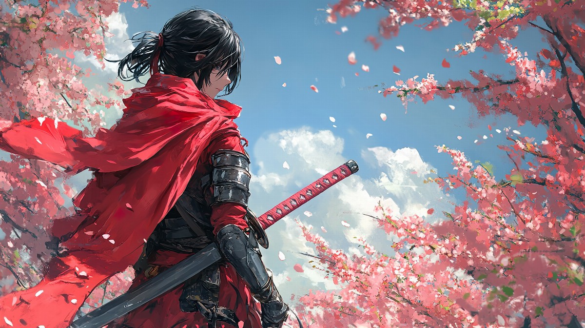 Anime character with a sword standing in a field of cherry blossoms.