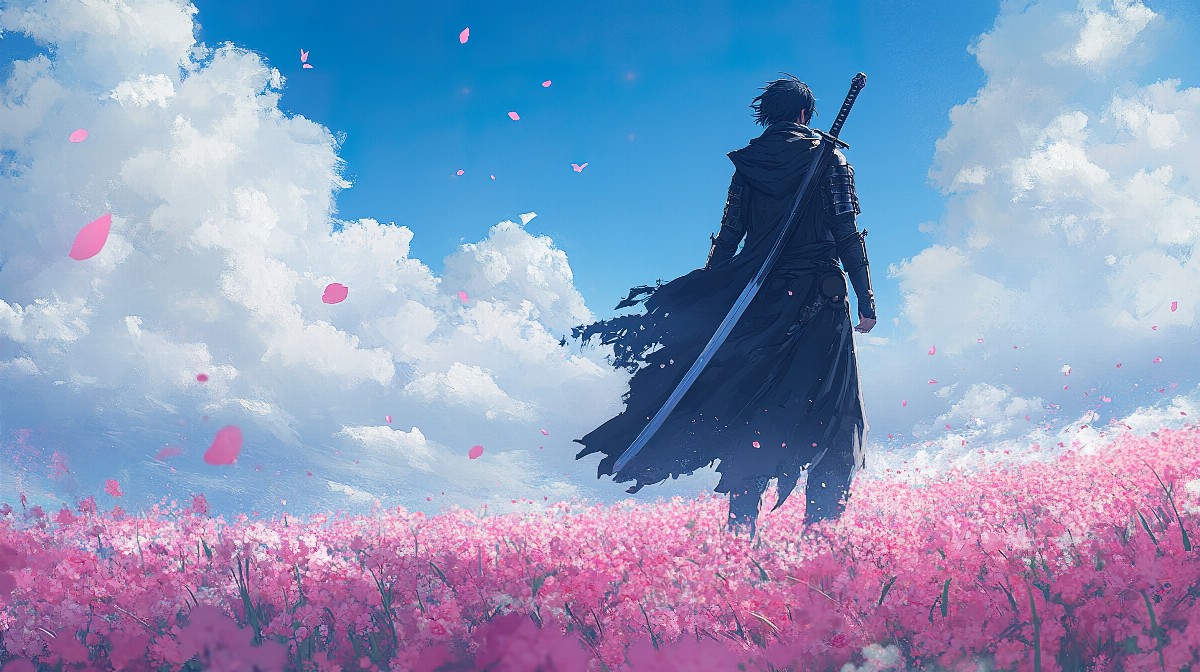 Anime character with a sword in a field of pink flowers and blue sky.