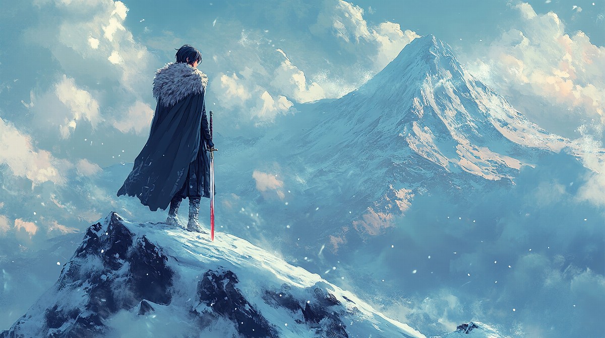 Anime character in a fur-lined cloak on a snowy mountain peak.