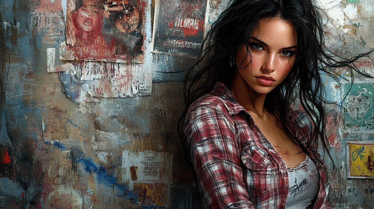 Illustration of a girl with messy dark hair wearing a plaid shirt against a textured wall.