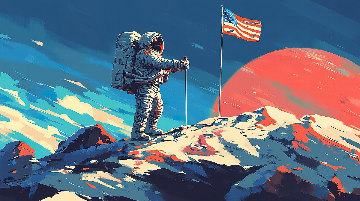 Astronaut planting a flag on a rocky alien surface with a red planet in the background.