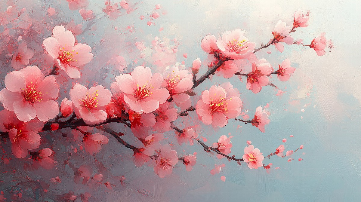 Painting-style illustration of cherry blossoms on branches.