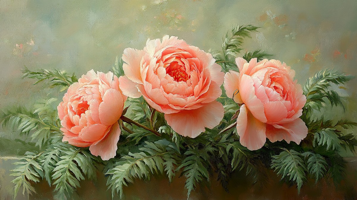 Painterly depiction of blush pink peonies with green foliage.