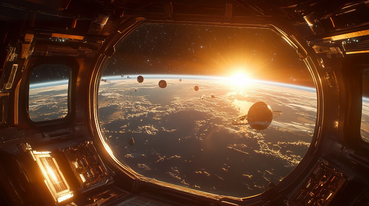 View of Earth and sunrise from a space station window with planets visible.