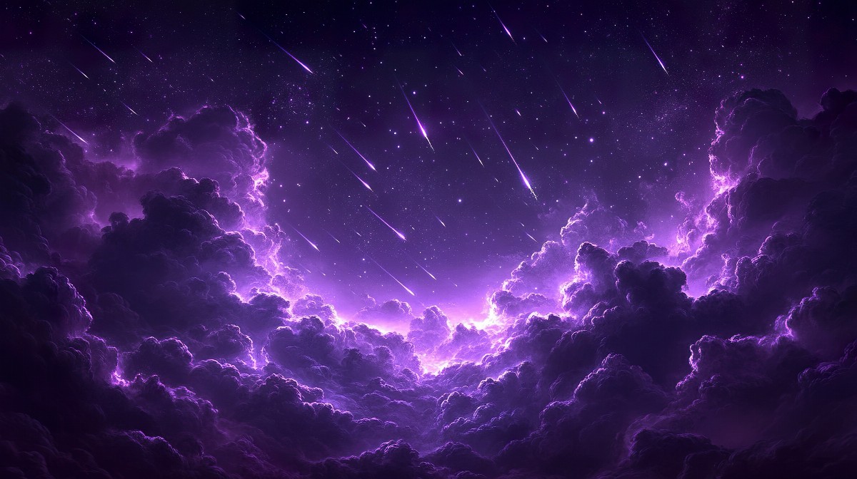 Purple clouds with a sky full of glowing meteor trails.