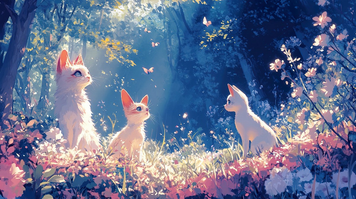 Three cute anime animal characters in a sunlit forest with flowers.
