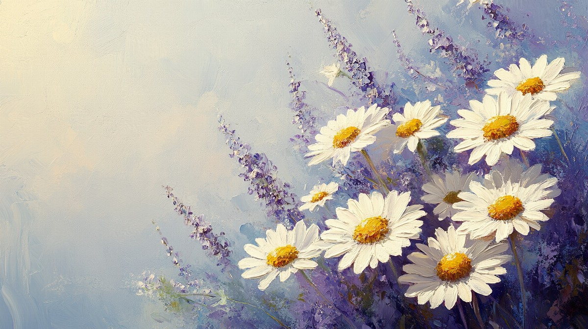 A painting of white daisies with dew against a soft background.