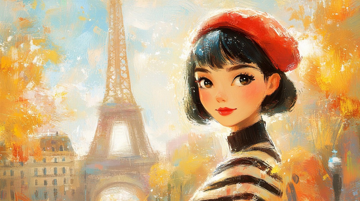 Illustration of a girl with a bob haircut and red beret in front of the Eiffel Tower.