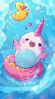 Chibi Narwhal Wearing Floaties in Kiddie Pool Cute Wallpaper