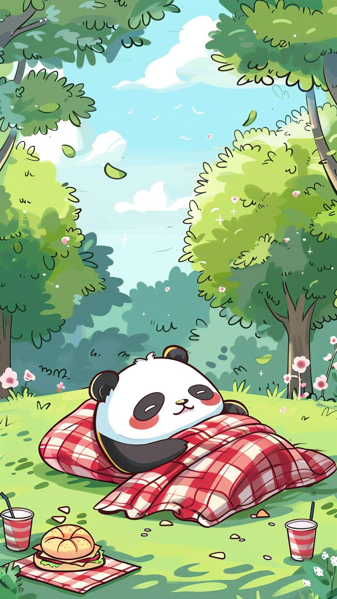 Chibi Panda Rolling Down A Hill In A Picnic Blanket Wallpaper