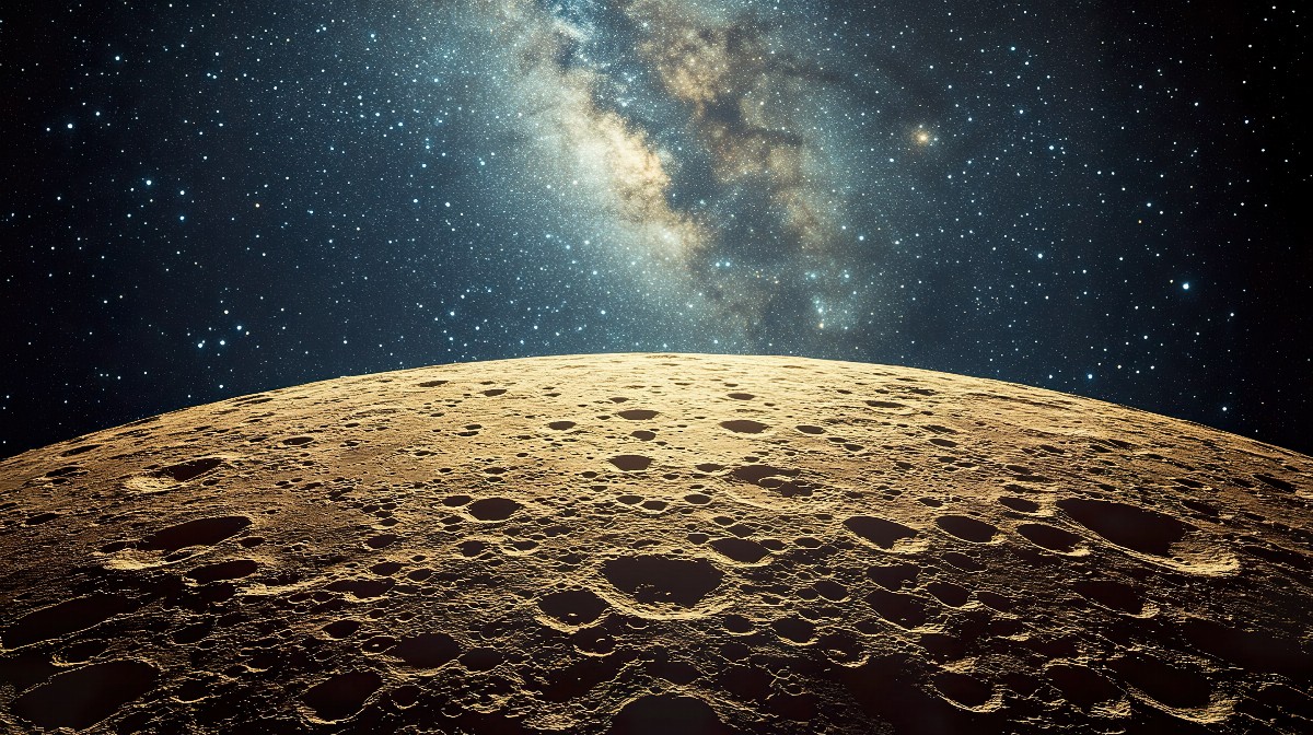 Cratered moon surface with a starry sky in the background.
