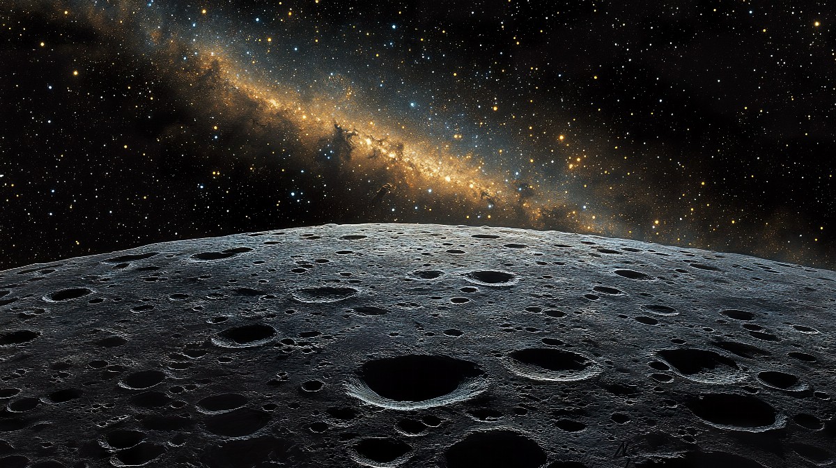 Cratered moon surface with a starry sky in the background.