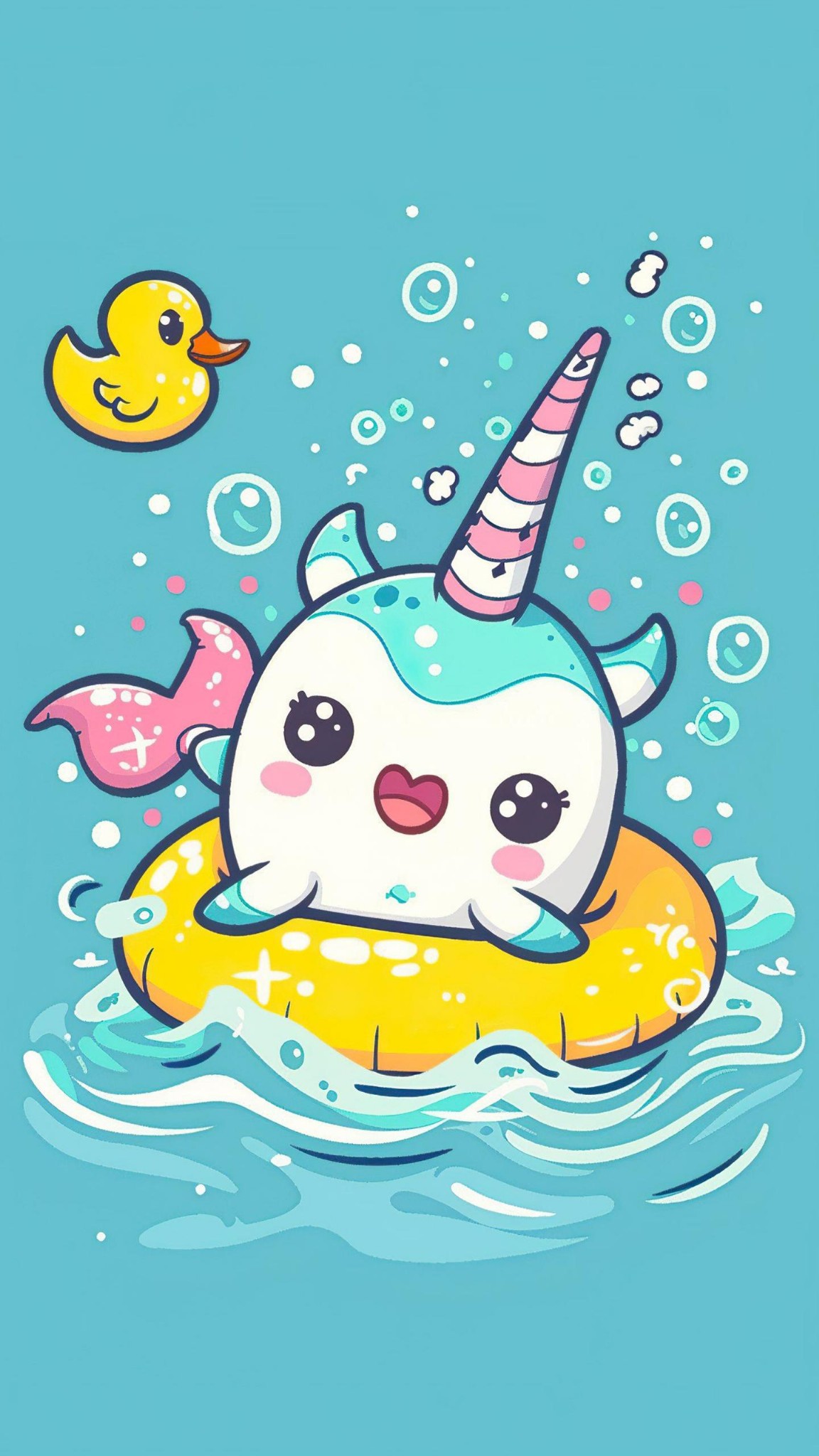 Cute Chibi Narwhal With Floaties In Kiddie Pool Wallpaper Background