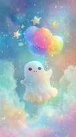 Cute Pastel Ghost Holding a Bouquet of Star-Shaped Balloons Wallpaper