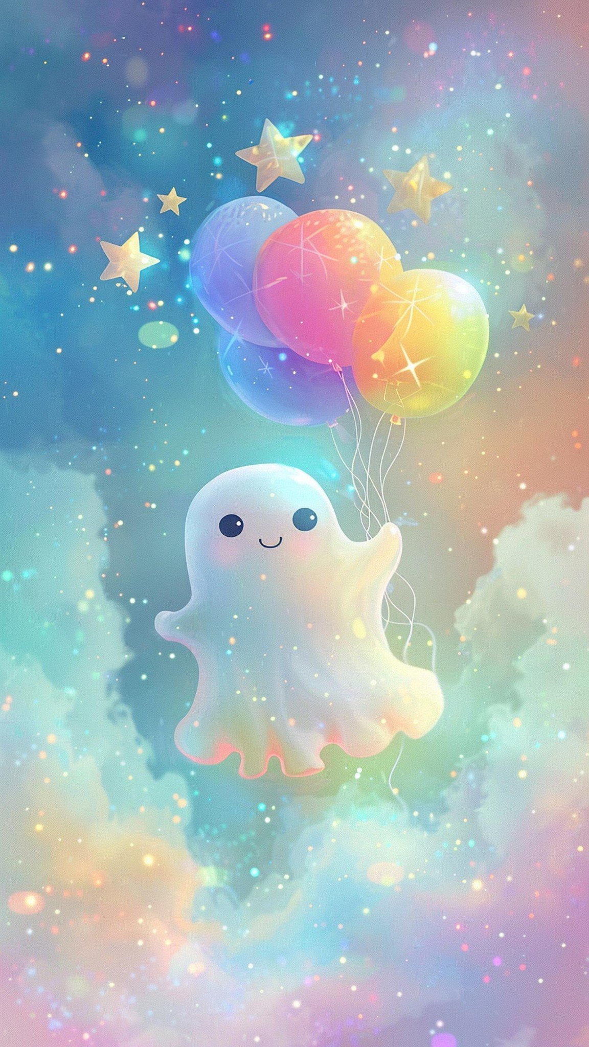 Cute Pastel Ghost Holding A Bouquet Of Star Shaped Balloons Wallpaper