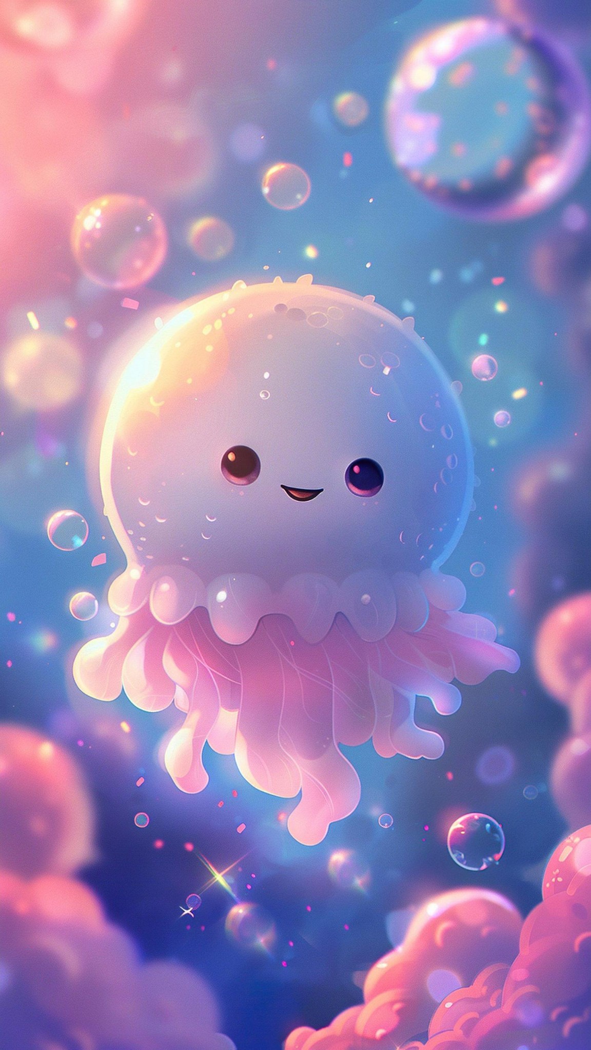 Cute Round Jellyfish With Glowing Face Floating Wallpaper