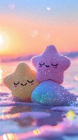 Cute Star-Shaped Plushie Hugging a Sleepy Moon Plushie Wallpaper