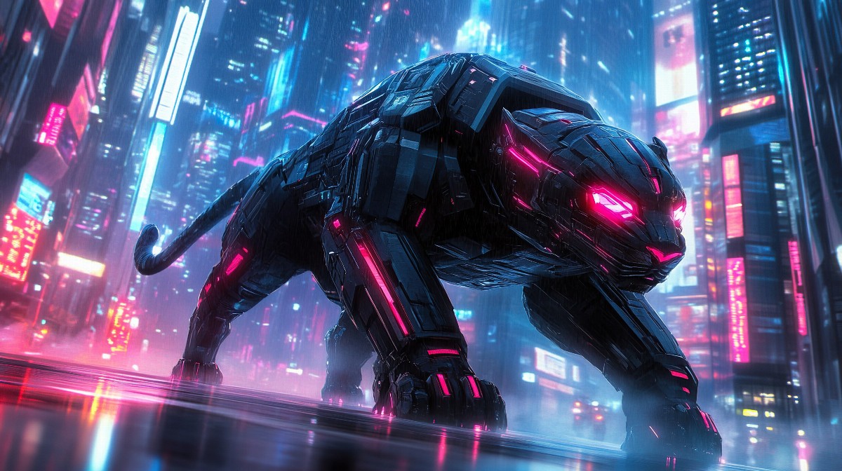 A cybernetic tiger with glowing eyes in a neon cityscape.