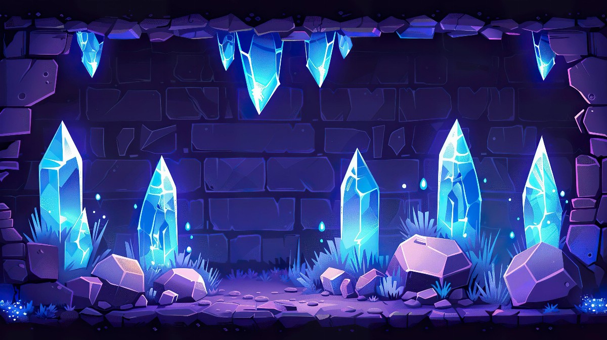 Glowing crystals in a dark cave