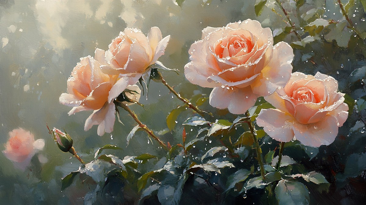 A light, moody painting of pale pink and white roses with dewdrops.