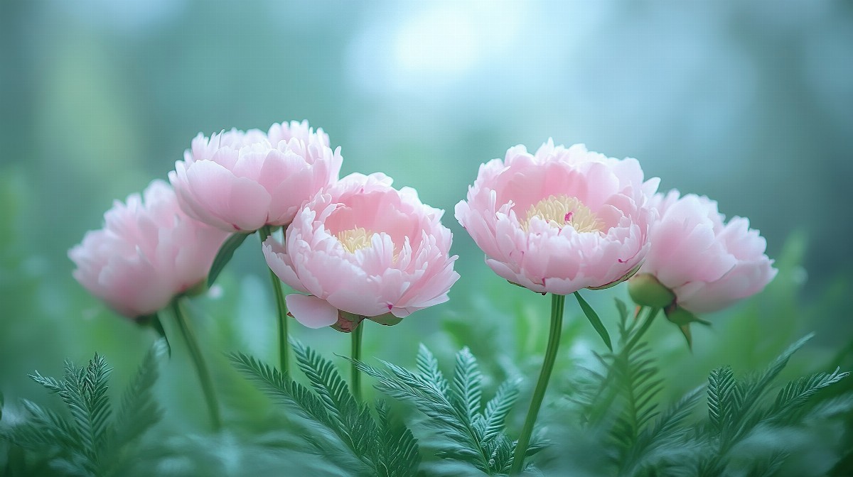 Blush pink peonies in bloom with green foliage in the background.