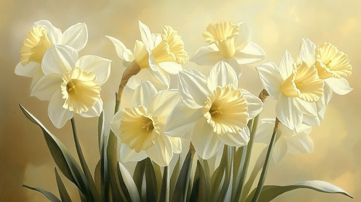 A painterly depiction of daffodils in very pale yellow tones.