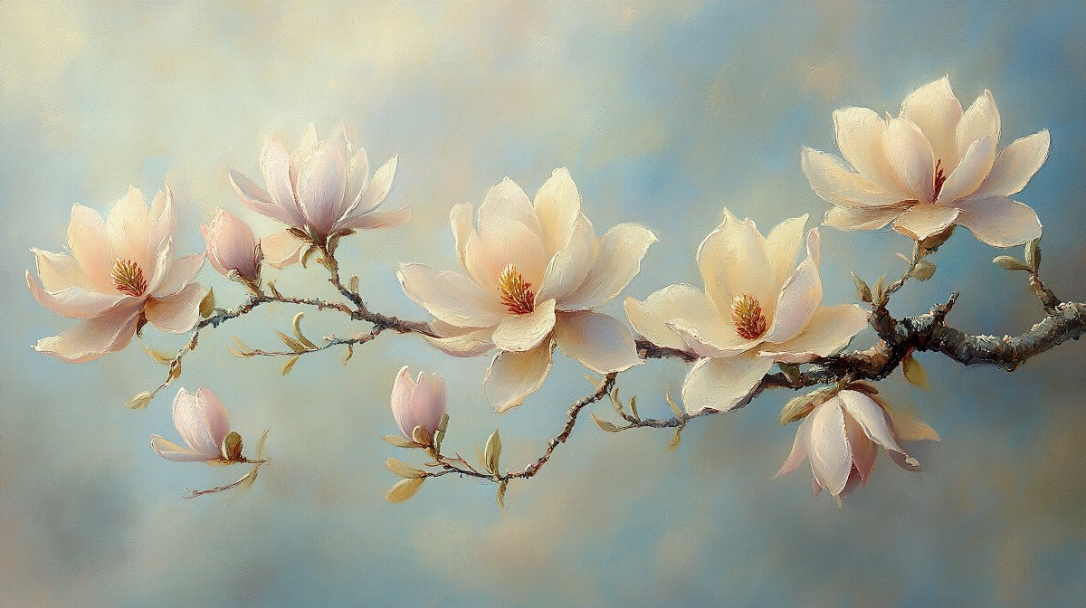 A painting of magnolia blossoms on a twisting branch against a soft background.