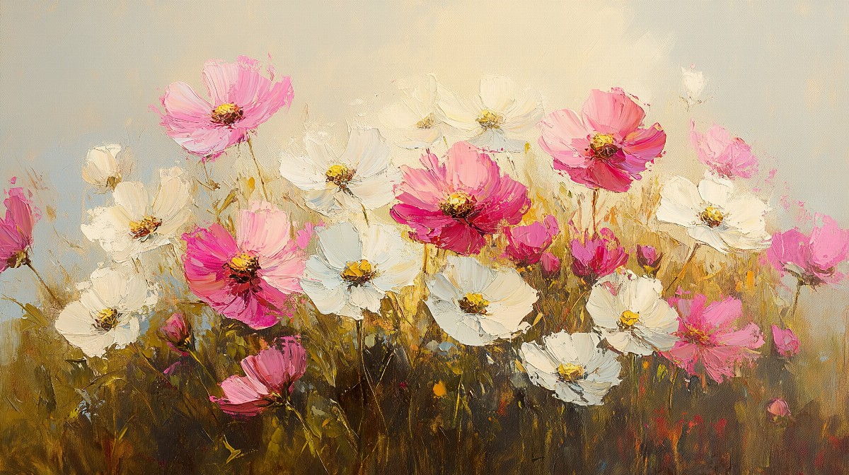 Painting of pink and white cosmos flowers with a moody background.
