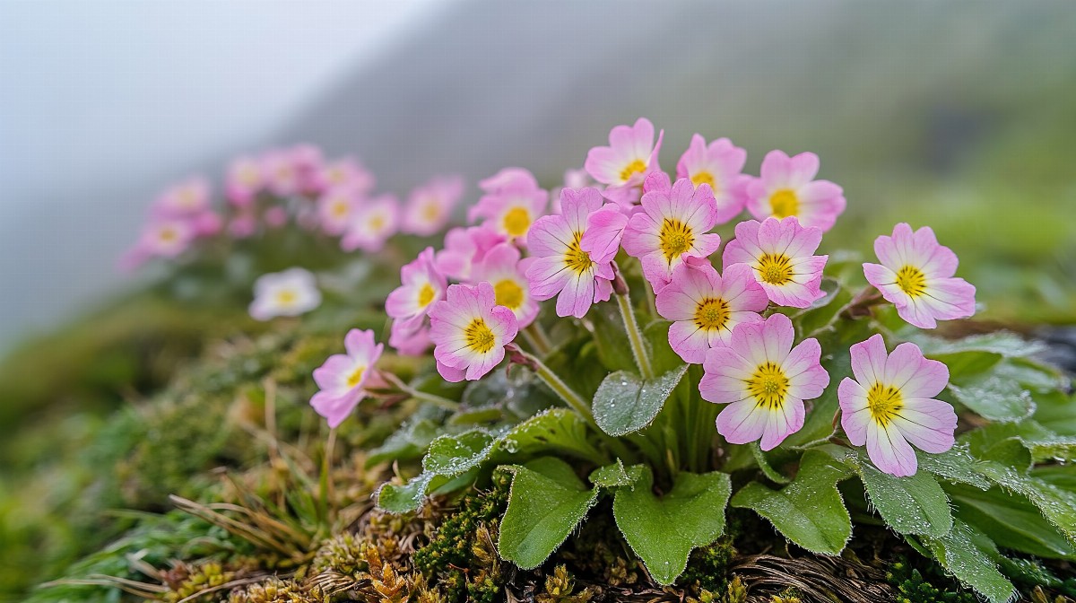 Close-up of pink and yellow primroses blooming in a misty meadow.