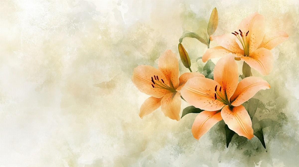 Watercolor painting of pale peach lilies with green leaves.
