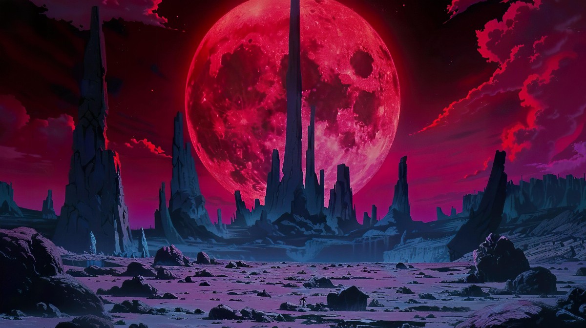 Desolate moonscape with red moon