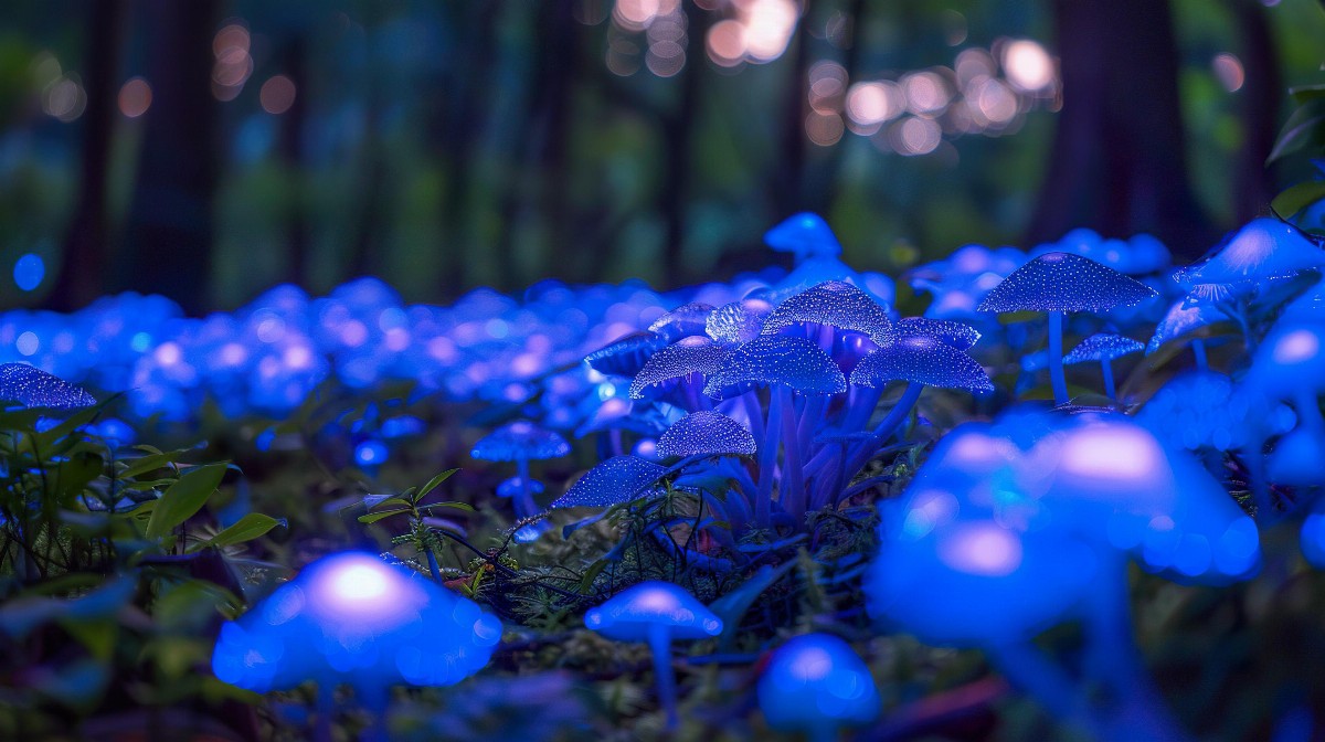 Bioluminescent mushrooms in a forest