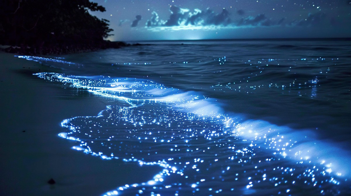 Bioluminescent waves under moonlit sky