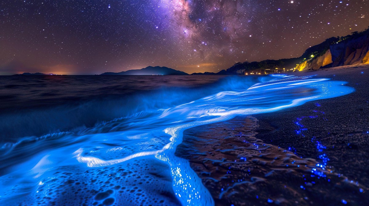Bioluminescent waves under starry sky