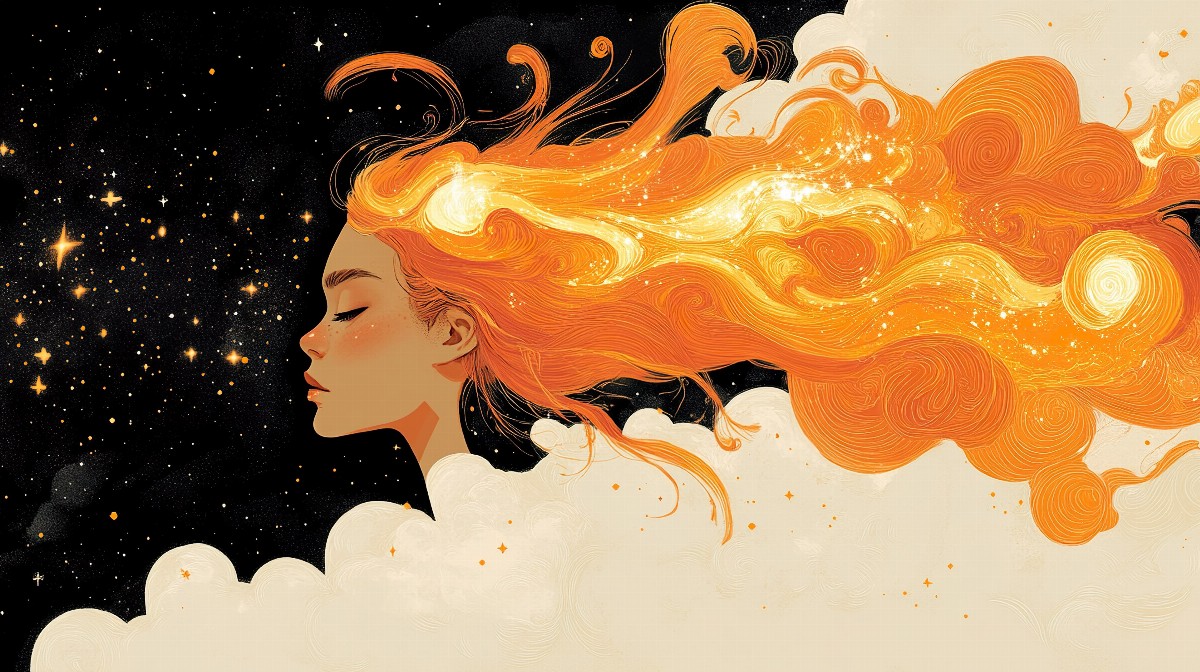 Illustration of a girl with fiery hair and a starry sky background.