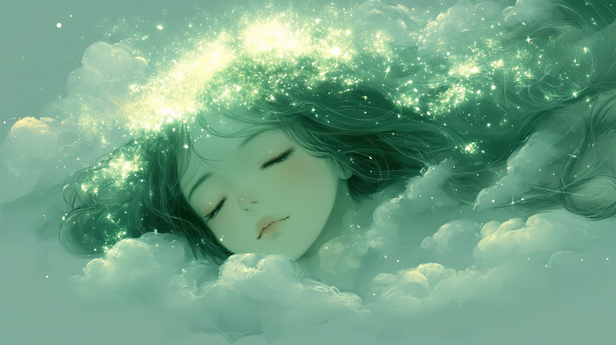 Illustration of a girl with closed eyes and stars in her hair.