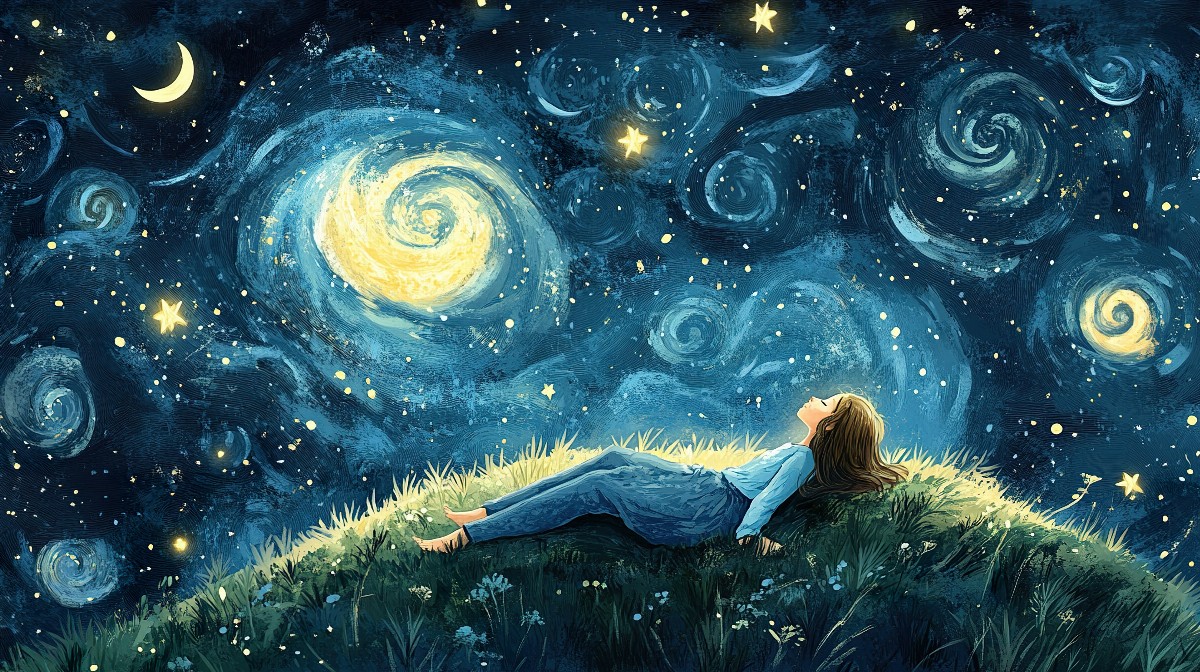 Illustration of a girl lying on a grassy hill under a starry night sky.