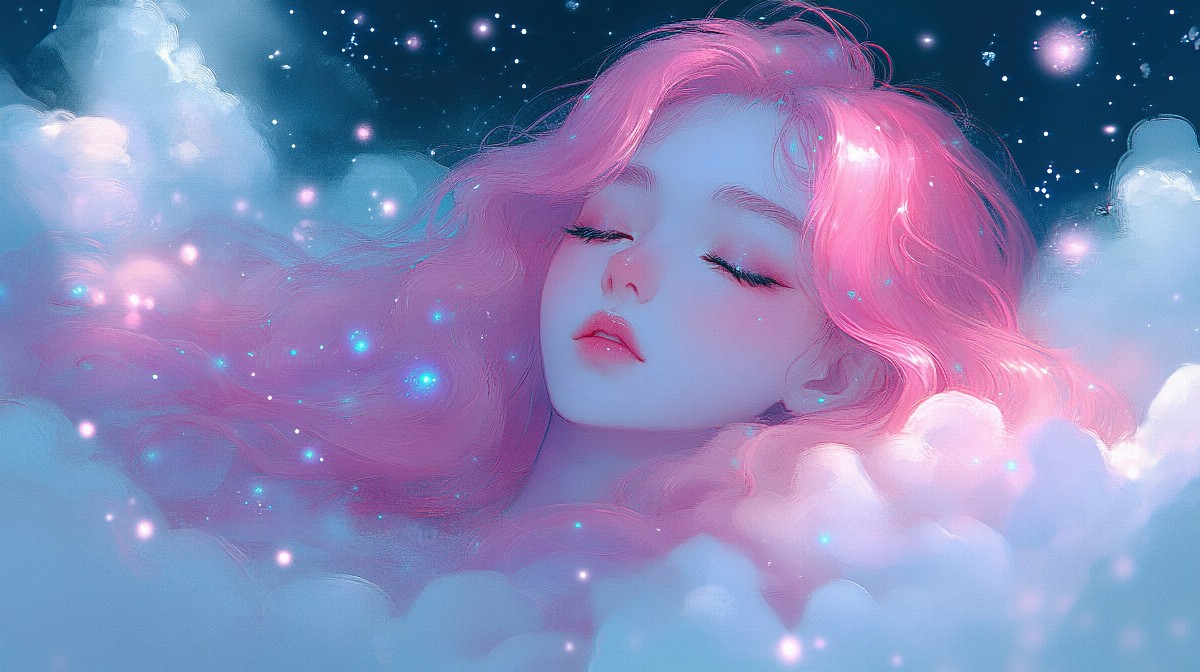 Illustration of a girl with pastel pink hair floating in clouds.
