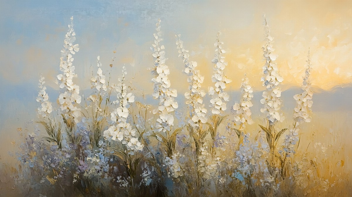 Painting of delicate white and pastel wildflowers with a sunrise background.