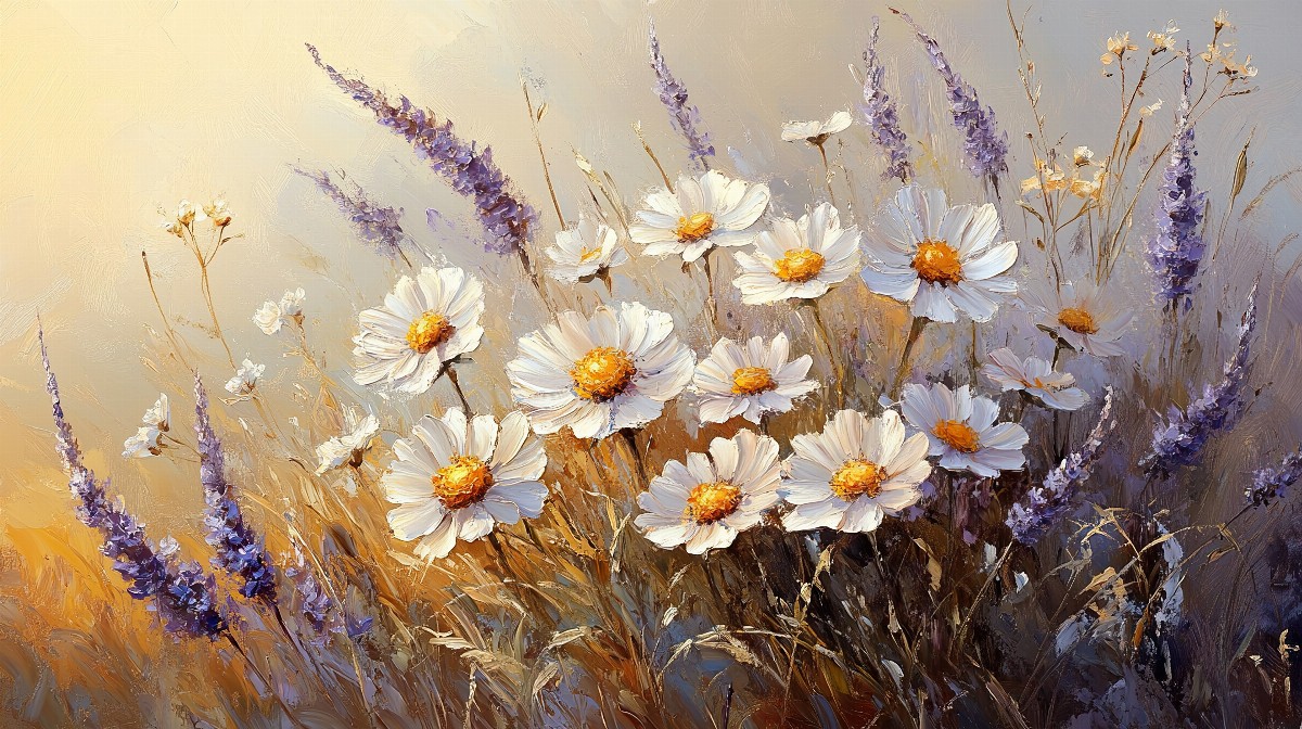 A painting of white and pastel wildflowers with a soft background.