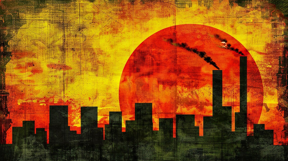 Dystopian cityscape with neon haze