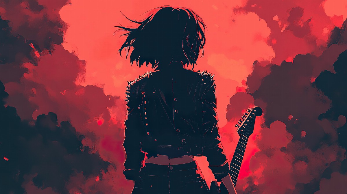 Silhouette of a girl with short hair and a guitar against a red sky.