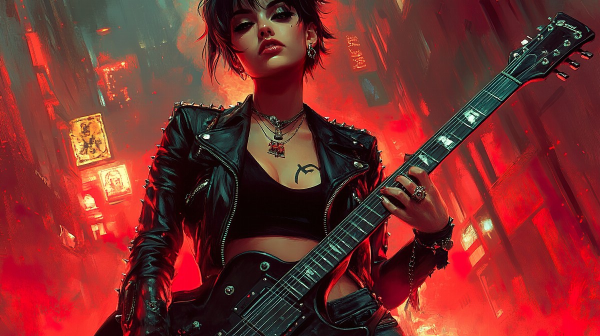 Illustration of a girl with short hair holding a guitar in a neon-lit city.