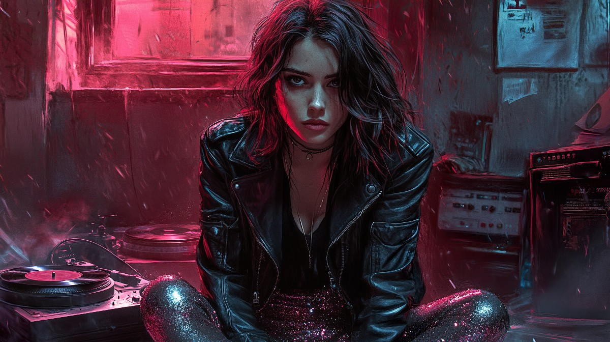 Illustration of a girl with messy dyed hair in a neon-lit room.
