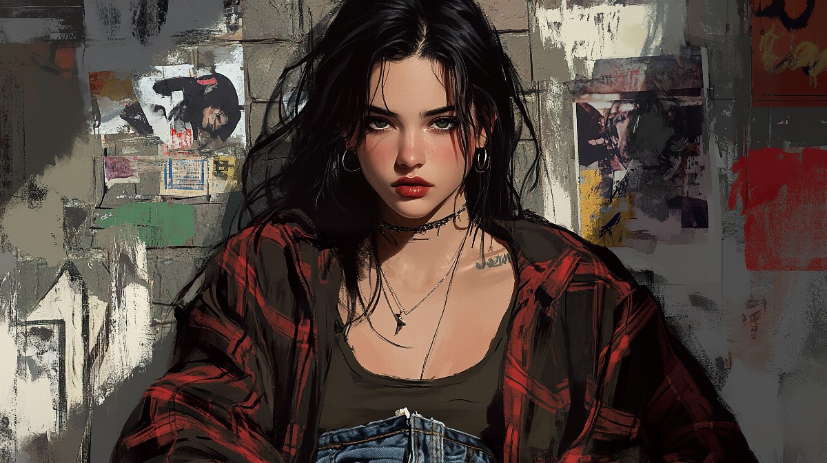 Illustration of a girl with messy dark hair wearing a plaid shirt in front of a textured wall.