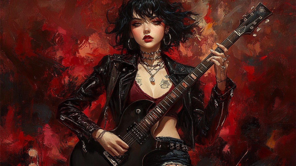 Illustration of a girl with short hair holding a guitar, wearing a leather jacket, against a red background.